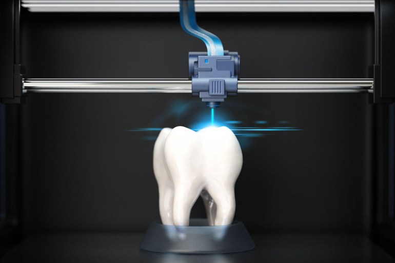 Futuristic illustration of a tooth created with a 3D printer.