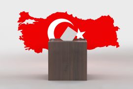General and Presidential elections in Turkey 2023 concept. White envelope in TURKISH ELECTION 2023 text ballot box over Turkish flag map symbol. 3D rendered red background, clipping path.