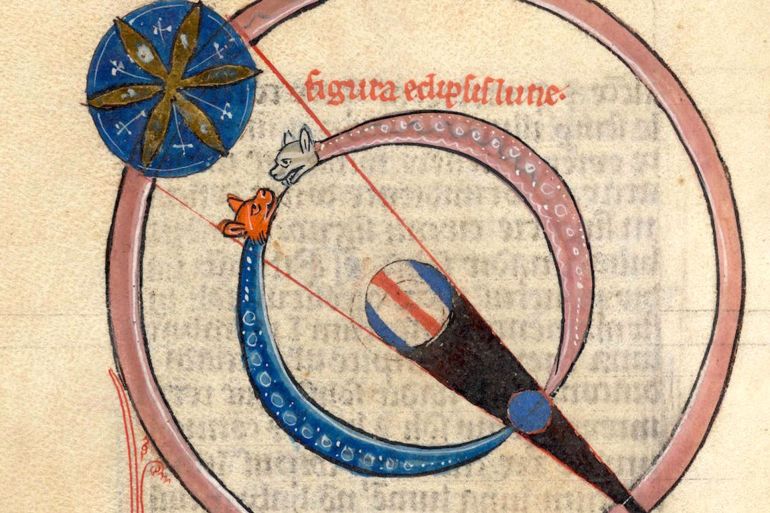 A diagram of a lunar eclipse from De Sphaera Mundi by Johannes de Sacrobosco, c. 1240 AD. New York Public Library