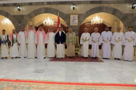 A handout picture released by the Huthi-affiliated branch of the Yemeni News Agency SABA on April 9, 2023, shows the Huthi group's political leader Mahdi al-Mashat (6th R) posing for a picture with the Saudi ambassador to Yemen Mohammed Al Jaber (7th L) and a delegation, alongside an Omani delegation in Sanaa. - The Saudi delegation was in Yemen's capital to negotiate a potential new truce with the Huthi rebels who control the city, diplomats said, as Riyadh sought a way out of the war, roughly a month after China helped broker a surprise rapprochement between Riyadh and Tehran, fuelling hopes for progress on ending the Yemen conflict that has claimed hundreds of thousands of lives. (Photo by - / SABA / AFP) / == RESTRICTED TO EDITORIAL USE - MANDATORY CREDIT "AFP PHOTO / HO / SABA" - NO MARKETING NO ADVERTISING CAMPAIGNS - DISTRIBUTED AS A SERVICE TO CLIENTS == - == RESTRICTED TO EDITORIAL USE - MANDATORY CREDIT "AFP PHOTO / HO / SABA" - NO MARKETING NO ADVERTISING CAMPAIGNS - DISTRIBUTED AS A SERVICE TO CLIENTS == /