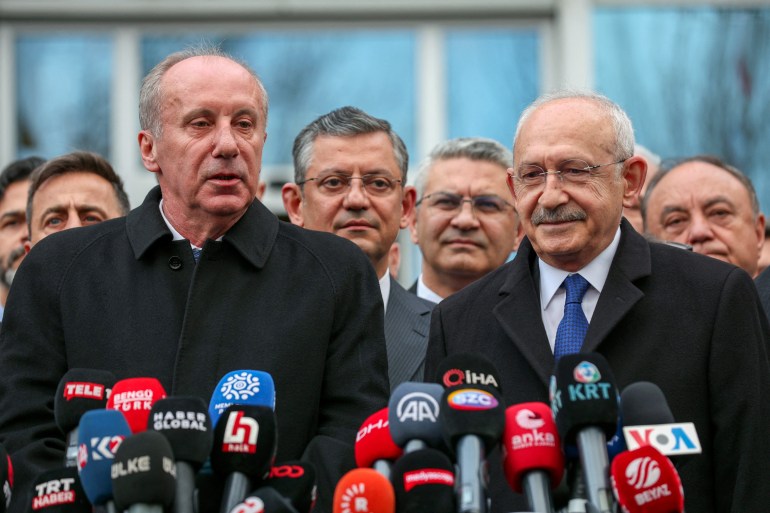 Kemal Kilicdaroglu, head of Turkey's main opposition Republican People's Party (CHP) and the presidential candidate of the main opposition alliance in May elections, and the other candidate Homeland Party's leader Muharrem Ince talk to the media after their meeting with in Ankara, Turkey March 29, 2023. Alp Eren Kaya/Republican People's Party/Handout via REUTERS ATTENTION EDITORS - THIS PICTURE WAS PROVIDED BY A THIRD PARTY. NO RESALES. NO ARCHIVES.