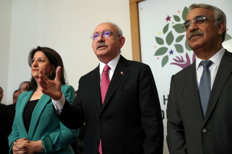 Kemal Kilicdaroglu, head of Turkey's main opposition Republican People's Party (CHP) and the presidential candidate of the main opposition alliance in May elections, talks to media after meeting with Pervin Buldan and Mithat Sancar, co-leaders of the pro-Kurdish Peoples' Democratic Party (HDP), in Ankara, Turkey March 20, 2023. Alp Eren Kaya/Republican People's Party/Handout via REUTERS ATTENTION EDITORS - THIS PICTURE WAS PROVIDED BY A THIRD PARTY. NO RESALES. NO ARCHIVES.