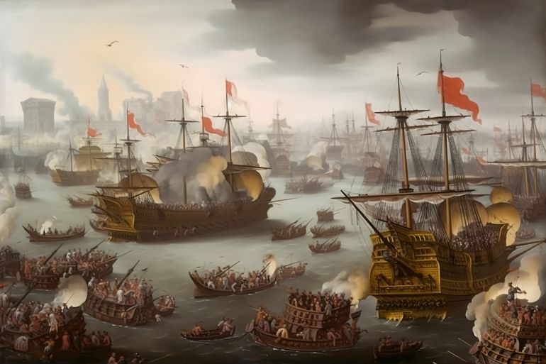 Oil painting, 1612, a Spanish fleet captures a French ship carrying a cargo of manuscripts stolen from the Sultan of Morocco المصدر: فارس الخطيب - ميدجورني