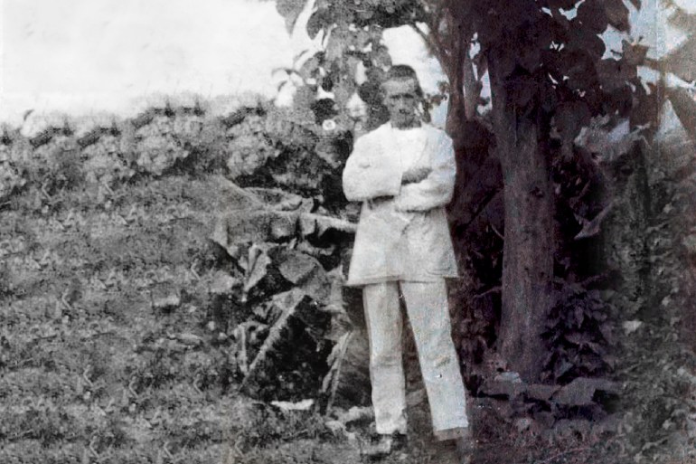 France / Ethiopia: Arthur Rimbaud (1854 - 1891) standing in front of a tree in Harar. Self-portrait, c. 1883 Jean Nicolas Arthur Rimbaud (20 October 1854 Ð 10 November 1891) was a French poet born in Charleville, Ardennes. He influenced modern literature and arts, inspired various musicians, and prefigured surrealism. He started writing poems at a very young age, while still in primary school, and stopped completely before he turned 21. He was mostly creative in his teens. Rimbaud was known to have been a libertine and for being a restless soul. He traveled extensively on three continents before his death from cancer just after his thirty-seventh birthday. (Photo by: Pictures From History/Universal Images Group via Getty Images) GettyImages-1354483692