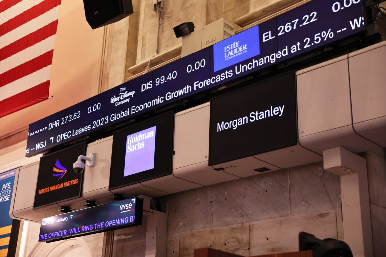 NEW YORK, NEW YORK - JANUARY 17: The Goldman Sachs and Morgan Stanley company names are seen at the New York Stock Exchange during morning trading on January 17, 2023 in New York City. Stocks opened low after a holiday weekend disrupting an upswing in early 2023 momentum. Goldman Sachs reported that its quarterly profit plunged 66% from a year earlier to $1.33 billion and Morgan Stanley also reported a more than $2 billion in profit for the fourth quarter, giving the company a 40 percent decline from the previous year. (Photo by Michael M. Santiago/Getty Images)