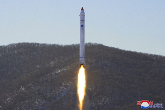 View of what appears to be a test related to the development of a reconnaissance satellite in this undated photo released by KCNA