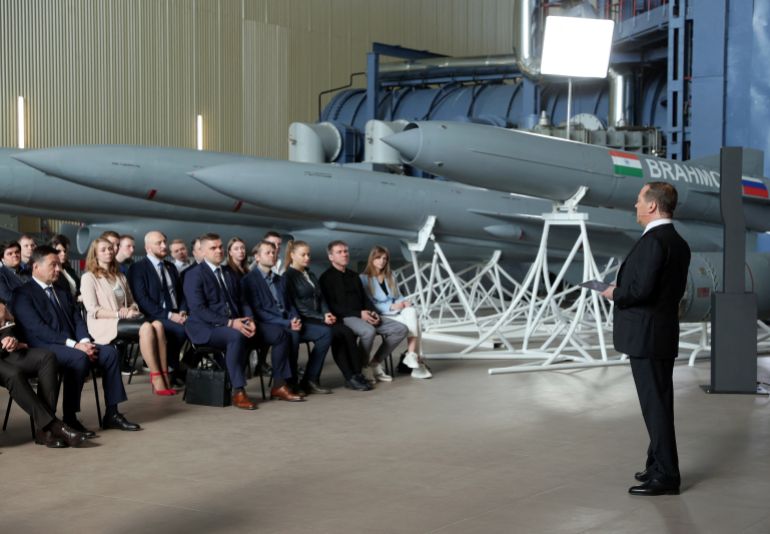 Deputy head of Russia's Security Council Medvedev meets with employees of a military industrial corporation in Reutov