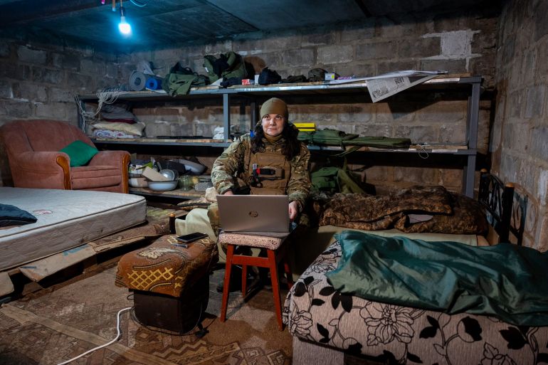 A Ukrainian medic uses a Starlink internet connection to transmit information from Donbas region in February. (John Moore/Getty Images)