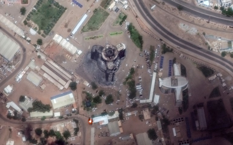 Satellite image shows burned and damaged General Command of the Sudanese Armed Forces headquarters building in Khartoum, Sudan April 16, 2023, in this handout image. Courtesy of Maxar Technologies/Handout via REUTERS. THIS IMAGE HAS BEEN SUPPLIED BY A THIRD PARTY. NO RESALES. NO ARCHIVES. MANDATORY CREDIT. MUST NO OBSCURE LOGO