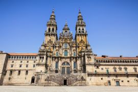 Santiago de Compostela cathedral, facade del Obradoiro empty of people at a summer day