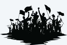 silhouettes of people with flags revolution strike vector illustration