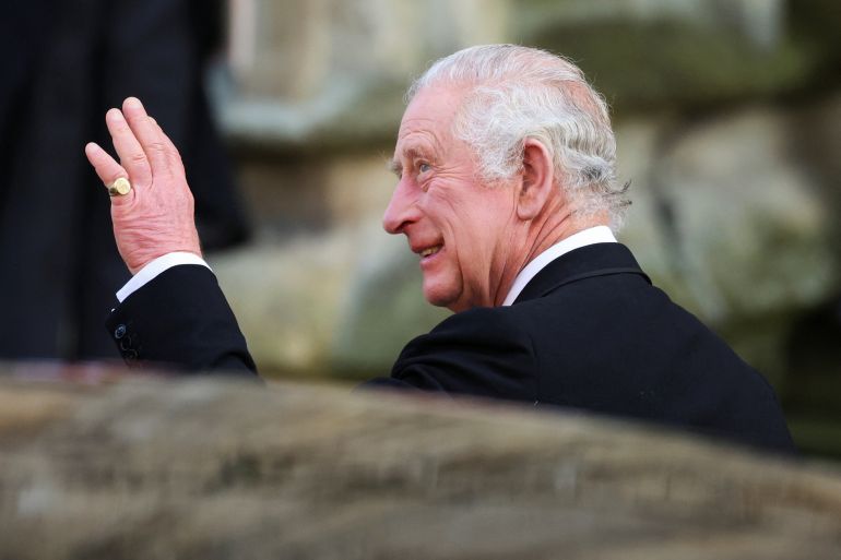 Britain's King Charles waves as he visits York Minster for the Maundy Thursday Service in York, Britain, April 6, 2023. REUTERS/Phil Noble