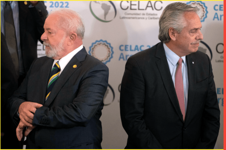 BUENOS AIRES, ARGENTINA - JANUARY 24: President of Argentina Alberto Fernandez (R) and President of Brazil Luiz Inacio Lula Da Silva gesture as they prepare for the family photo as part of the VII Community of Latin American and Caribbean States Summit (CELAC) on January 24, 2023 in Buenos Aires, Argentina. Presidents and representatives of the 33 member nations attend the summit for the first time. Brazil returns to CELAC after three years. (Photo by Getty Images/Getty Images)