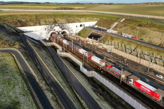An Eurotunnel freight shuttle enters the Channel Tunnel in Coquelles, near Calais, northern France, December 16, 2020. Picture taken with a drone. REUTERS/Pascal Rossignol