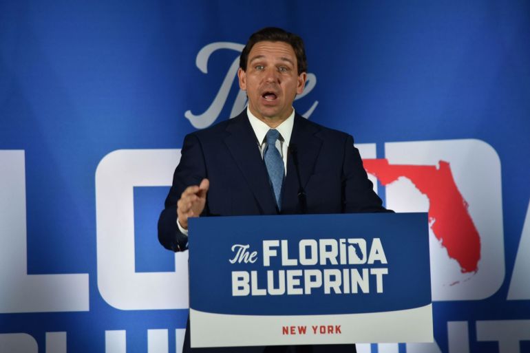 GARDEN CITY, NEW YORK, UNITED STATES - APRIL 1: Florida Governor Ron DeSantis speaks during 'The Florida Blueprint' event on Long Island, New York, United States on April 1, 2023. Ron DeSantis made comments on the Grand Jury's indictment of Donald J. Trump, 45th President of the United States in Manhattan, New York. (Photo by Kyle Mazza/Anadolu Agency via Getty Images)