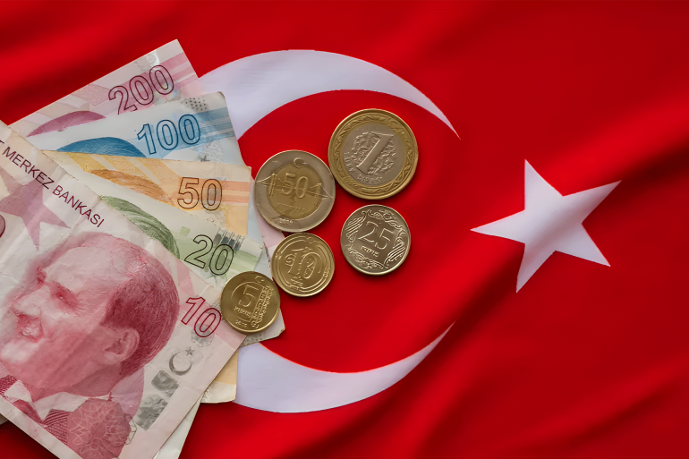 Close-up of Turkish Lira on Turkish Flag. Turkey's donation campaign. We are enough for us my turkey Turkish: Hashtag bizbizeyeteriz Turkiyem.
