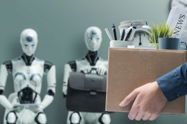 Fired office worker holding a box with her belongings and leaving the office, humanoid AI robots waiting for a job interview i: the impact of artificial intelligence and robotics on unemployment; Shutterstock ID 2270550899; purchase_order: aljazeera ; job: ; client: ; other: