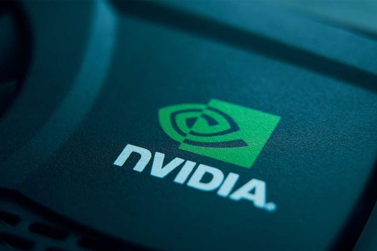 28 June 2019 Bishkek, Kyrgyzstan: Nvidia logo. Mark of famous company of video cards. Inventor of the GPU.