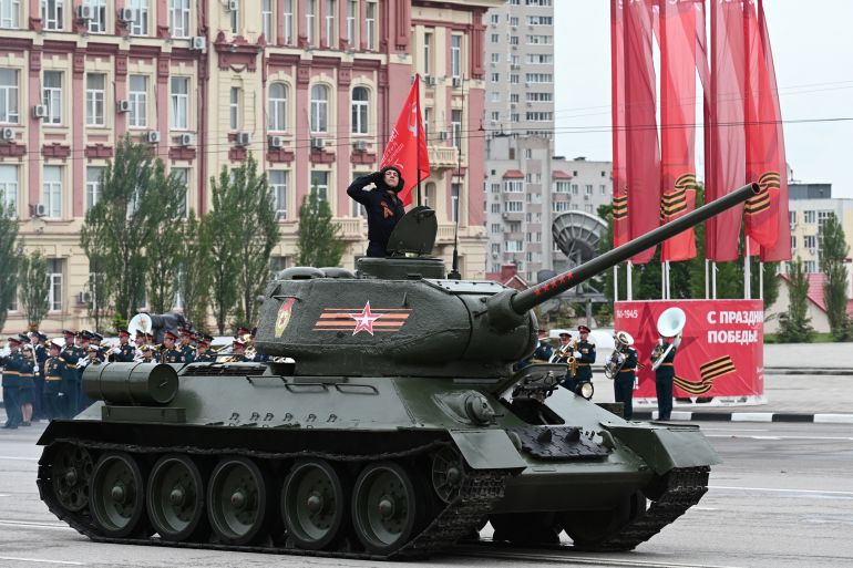 A T-34 Soviet-era tank drives during a military parade on Victory Day, which marks the 78th anniversary of the victory over Nazi Germany in World War Two, in Rostov-on-Don, Russia May 9, 2023. REUTERS/Sergey Pivovarov