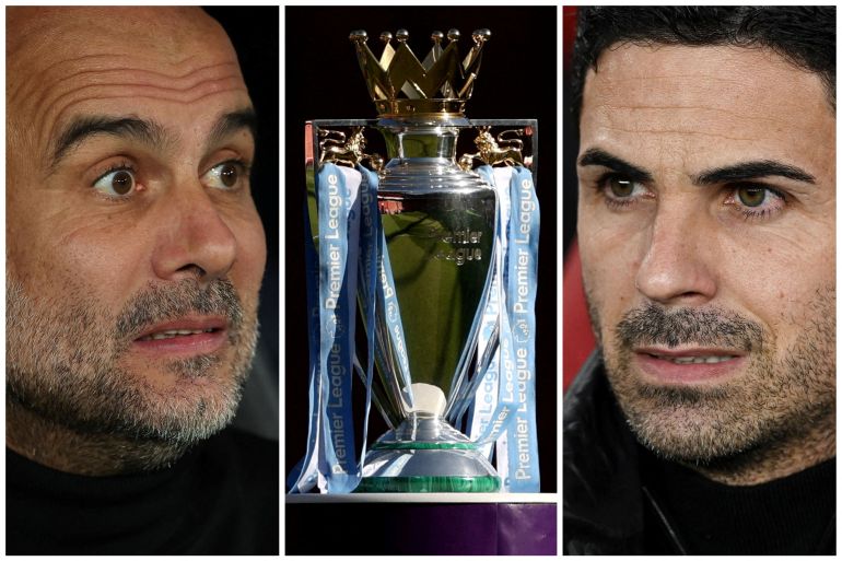 A combination picture shows Manchester City manager Pep Guardiola, Arsenal manager Mikel Arteta and the Premier League trophy ahead of tomorrow's crunch title clash