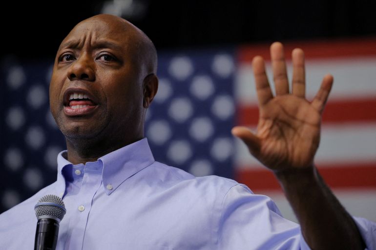 FILE PHOTO: Likely Republican presidential candidate Senator Tim Scott campaigns in Manchester
