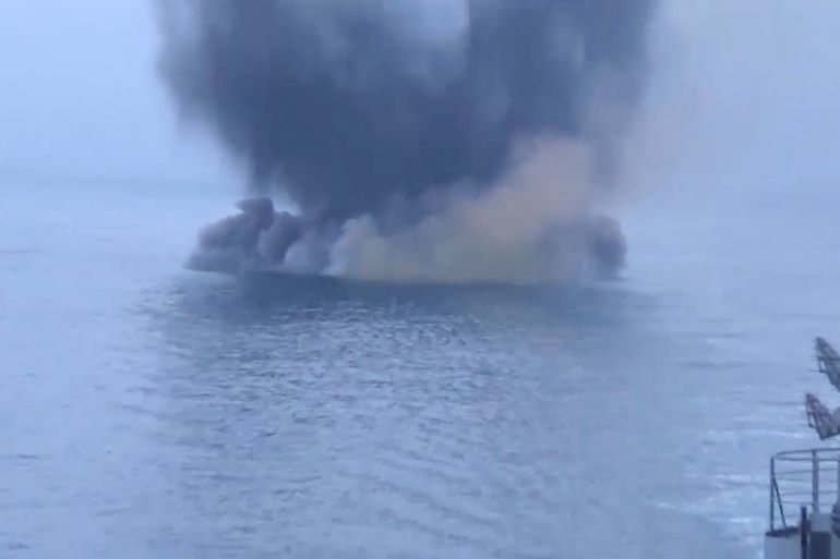 A still image from video, released by Russia's Defence Ministry, shows what it said to be the Ukrainian uncrewed speedboat in the Black Sea