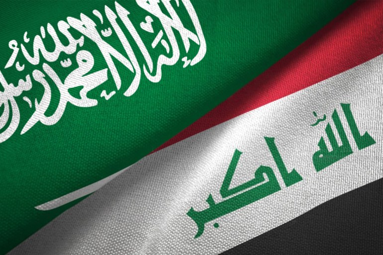 Iraq and Saudi Arabia flag together realtions textile cloth fabric texture gettyimages-1089001566