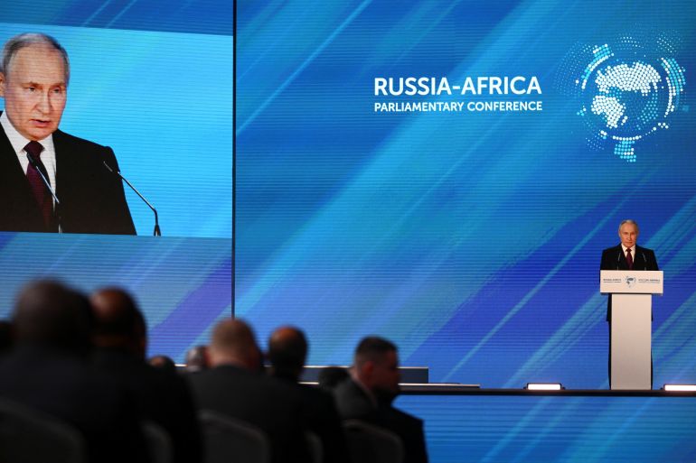 Russia's President Vladimir Putin delivers a speech during Russia-Africa international parliamentary conference in Moscow, Russia, March 20, 2023. Sputnik/Vladimir Astapkovich/Pool via REUTERS ATTENTION EDITORS - THIS IMAGE WAS PROVIDED BY A THIRD PARTY.