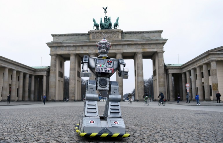 A robot is pictured as activists from the Campaign to Stop Killer Robots, a coalition of non-governmental organisations opposing lethal autonomous weapons or so-called 'killer robots', stage a protest at Brandenburg Gate in Berlin, Germany, March, 21, 2019. REUTERS/Annegret Hilse