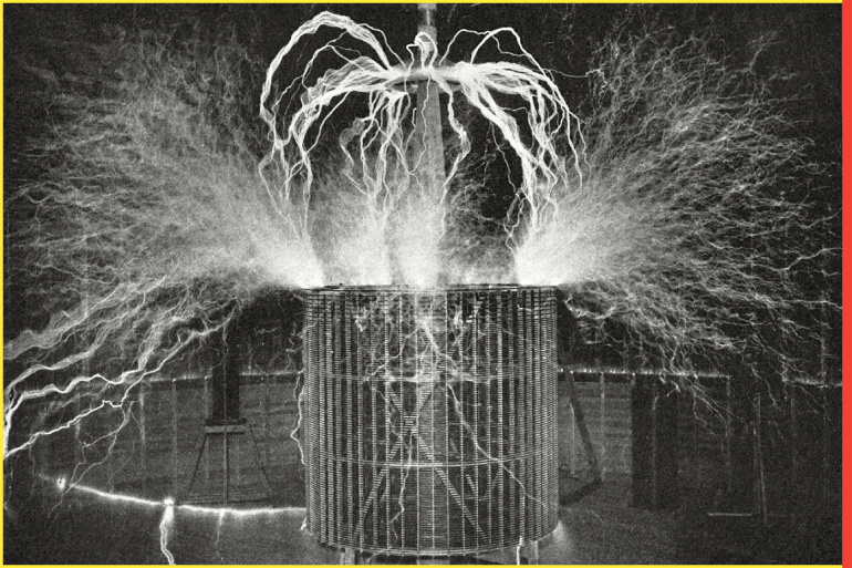 مختبر تسلا ، C1900. حرق نيتروجين الغلاف الجوي في تجربة في مختبر نيكولا تيسلا في كولورادو سبرينغز ، كولورادو. تصوير ديكنسون ف. آلي ، C1900.