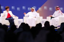 From left, Kristalina Georgieva, managing director of the IMF, Ali bin Ahmed Al Kuwari, Qatar’s Finance Minister, and Mohammed Al Jadaan, Saudi Arabia's Finance Minister, at the Qatar Economic Forum in Doha. source: Bloomberg