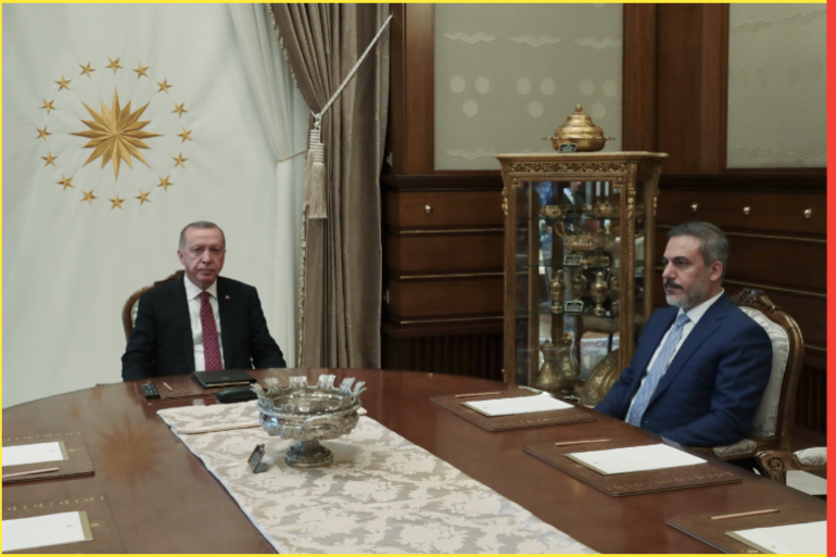 Turkish President Erdogan receives Intelligence Chief Fidan- - ANKARA, TURKEY - AUGUST 7: (----EDITORIAL USE ONLY – MANDATORY CREDIT - "TURKISH PRESIDENCY / MURAT CETINMUHURDAR / HANDOUT" - NO MARKETING NO ADVERTISING CAMPAIGNS - DISTRIBUTED AS A SERVICE TO CLIENTS----) Turkish President Recep Tayyip Erdogan (L) receives Chief of Turkish National Intelligence Agency (MIT) Hakan Fidan (R) at Presidential Complex in Ankara, Turkey on August 7, 2019.