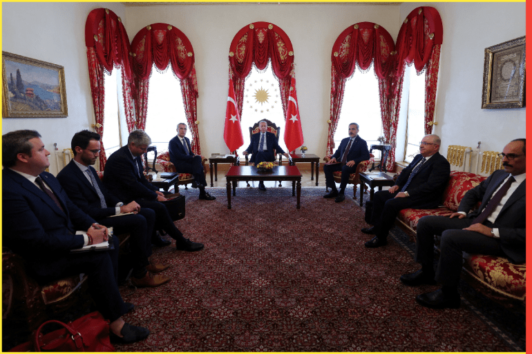 Turkey's President Tayyip Erdogan meets with NATO Secretary General Jens Stoltenberg as they are flanked by Foreign Minister Hakan Fidan and officials in Istanbul, Turkey, June 4, 2023. Murat Cetinmuhurdar/PPO/Handout via REUTERS THIS IMAGE HAS BEEN SUPPLIED BY A THIRD PARTY. NO RESALES. NO ARCHIVES