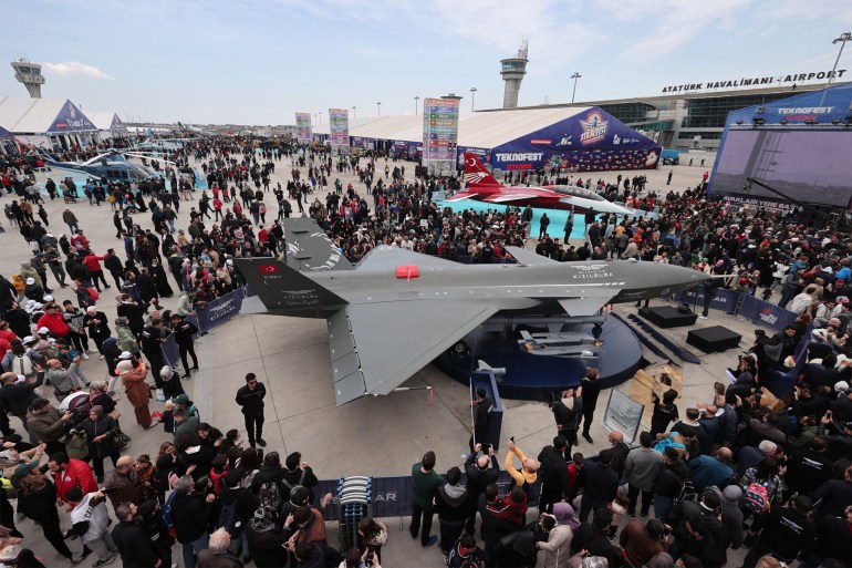 TEKNOFEST in Istanbul ISTANBUL, TURKIYE - APRIL 29: The Bayraktar Kizilelma, domestic unmanned fighter, and other aircrafts on display during the Turkiyeâs largest technology and aviation event TEKNOFEST at Istanbulâs Ataturk Airport in Istanbul on April 29, 2023. (Photo by Oguz Yeter/Anadolu Agency via Getty Images)