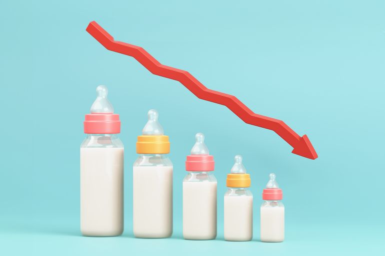 Fertility decline concept. Depopulation, demographic crisis. Baby bottles in the form of graph and down arrow. Declining Birth Rate inscription. 3d illustration.; Shutterstock ID 2290133411; purchase_order: ajnet; job: ; client: ; other: