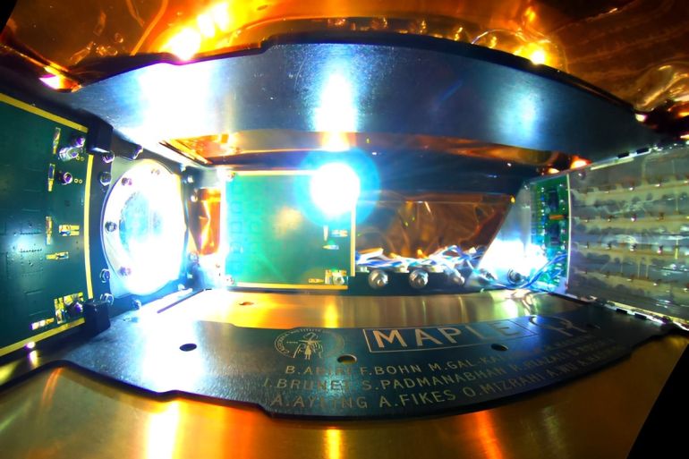 An image of the interior of MAPLE, the instrument aboard the Space Solar Power Demonstrator that achieved the wireless transmission of energy through space. (Image credit: Caltech)