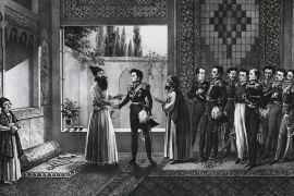 صورة أرشيفية لاجتماع للجنرال الروسي إيفان باسكيفيتش مع ولي عهد إيران عباس ميرزا ​​عام 1828 (غيتي)