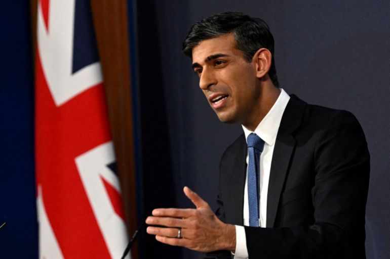 FILE PHOTO: British Prime Minister Rishi Sunak speaks during a news conference in London