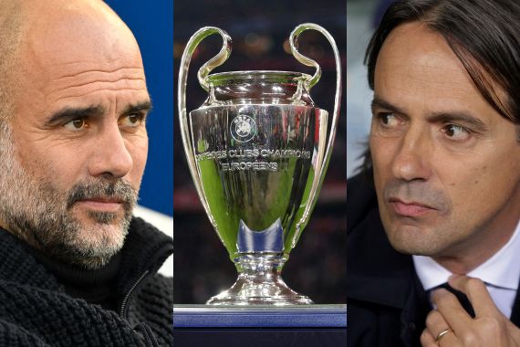 A combination picture shows Manchester City manager Pep Guardiola, Inter Milan coach Simone Inzaghi and the Champions League trophy ahead of the final on Saturday.