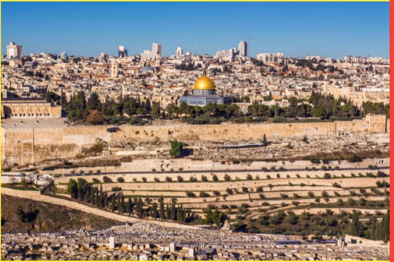 The holy city Jerusalem view from the Oelberg on Old Town and Temple Mount Travel Israel