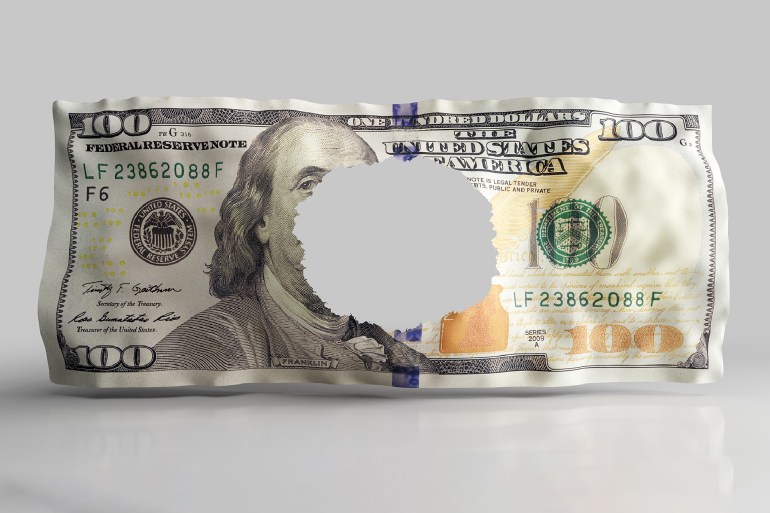Hole in one hundred dollar bill, 100 USD. Financial crisis or leaky budget concept. 3D render shutterstock_1774532030
