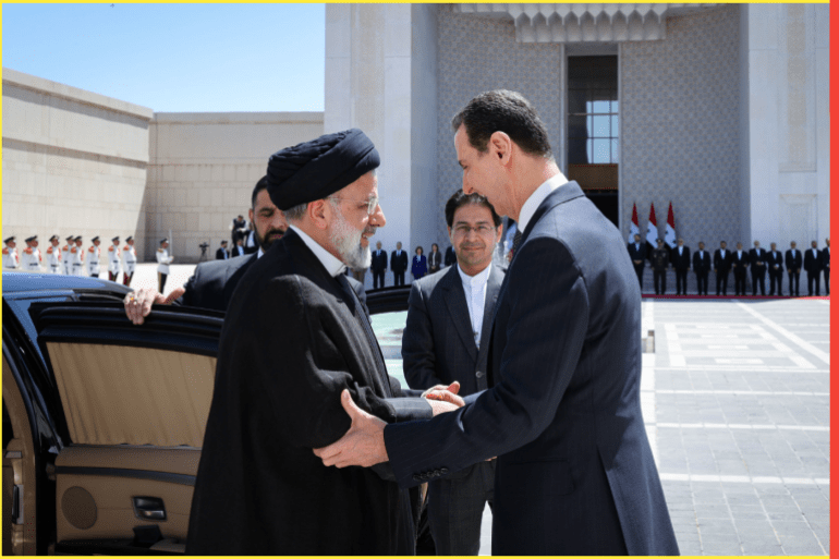 Iranian President Ebrahim Raisi visits Syria - - DAMASCUS, SYRIA - MAY 03: (----EDITORIAL USE ONLY - MANDATORY CREDIT - 'IRANIAN PRESIDENCY / HANDOUT' - NO MARKETING NO ADVERTISING CAMPAIGNS - DISTRIBUTED AS A SERVICE TO CLIENTS----) Iranian President Ebrahim Raisi (L) is welcomed by head of Syrian regime Bashar Al Assad with an official ceremony at Presidential Palace in Damascus, Syria on May 03, 2023. Raisi made 1st visit to Syria since 2011.