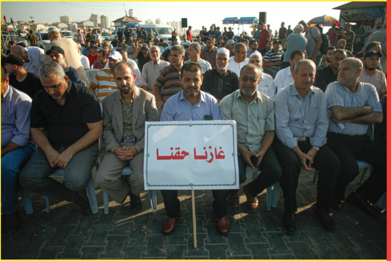 Palestinians participate in a rally at the Gaza City sea port, in which they demand their right to receive gas from a maritime field off Israel and the the lift of the blockade, on September 13, 2022.