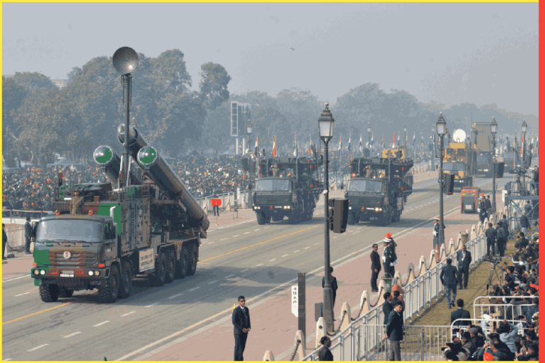 Rehearsal for the upcoming Republic Day parade in New Delhi, India- - NEW DELHI,INDIA -JANUARY 23: Indian Army's Brahmos missile system takes part in the full dress rehearsal for the upcoming Republic Day parade,on January 23, 2023 in New Delhi, India.