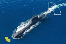Aerial drone photo of latest technology navy armed diesel powered submarine cruising half submerged in deep blue sea