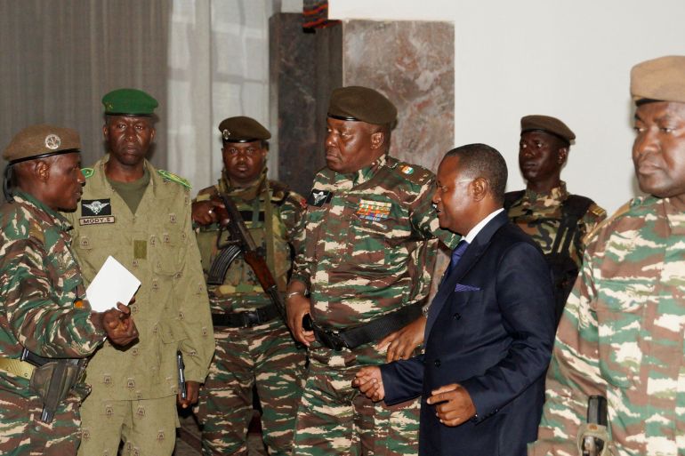 General Abdourahmane Tiani, who was declared as the new head of state of Niger by leaders of a coup, meets with ministers in Niamey
