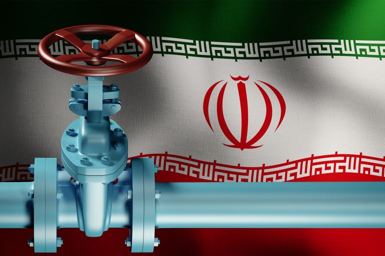 Lifting of sanctions against Iran. Oil pipe in front of the Iranian flag. Extraction of oil. shutterstock_364209476