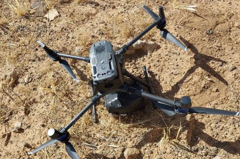 A picture released by the Jordanian Armed Forces website shows what it said is a drone carrying drugs from Syria that the Jordanian army intercepted and downed on Jordan's side of the border, Jordan July 24, 2023. JORDAN ARMED FORCES/Handout via REUTERS ATTENTION EDITORS - THIS IMAGE WAS PROVIDED BY A THIRD PARTY NO RESALES. NO ARCHIVES.