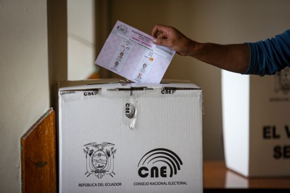 A man casts his vote during the the presidential runoff in Quito, Ecuador, on Aprl 11, 2021. Ecuadorians define the future president of Ecuador in second-round elections. In this contest, the candidate from list 1 Andres Arauz and the right-wing candidate Guillermo Lasso are competing for the presidency of Ecuador. According to the latest polls, candidate Arauz has a great advantage over candidate Lasso, who has received precarious citizen support. (Photo by Rafael Rodriguez/NurPhoto via Getty Images)