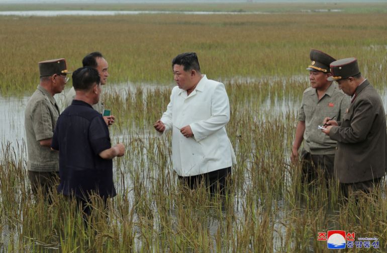 North Korean leader Kim Jong Un gives a field guidance in South Pyongan Province